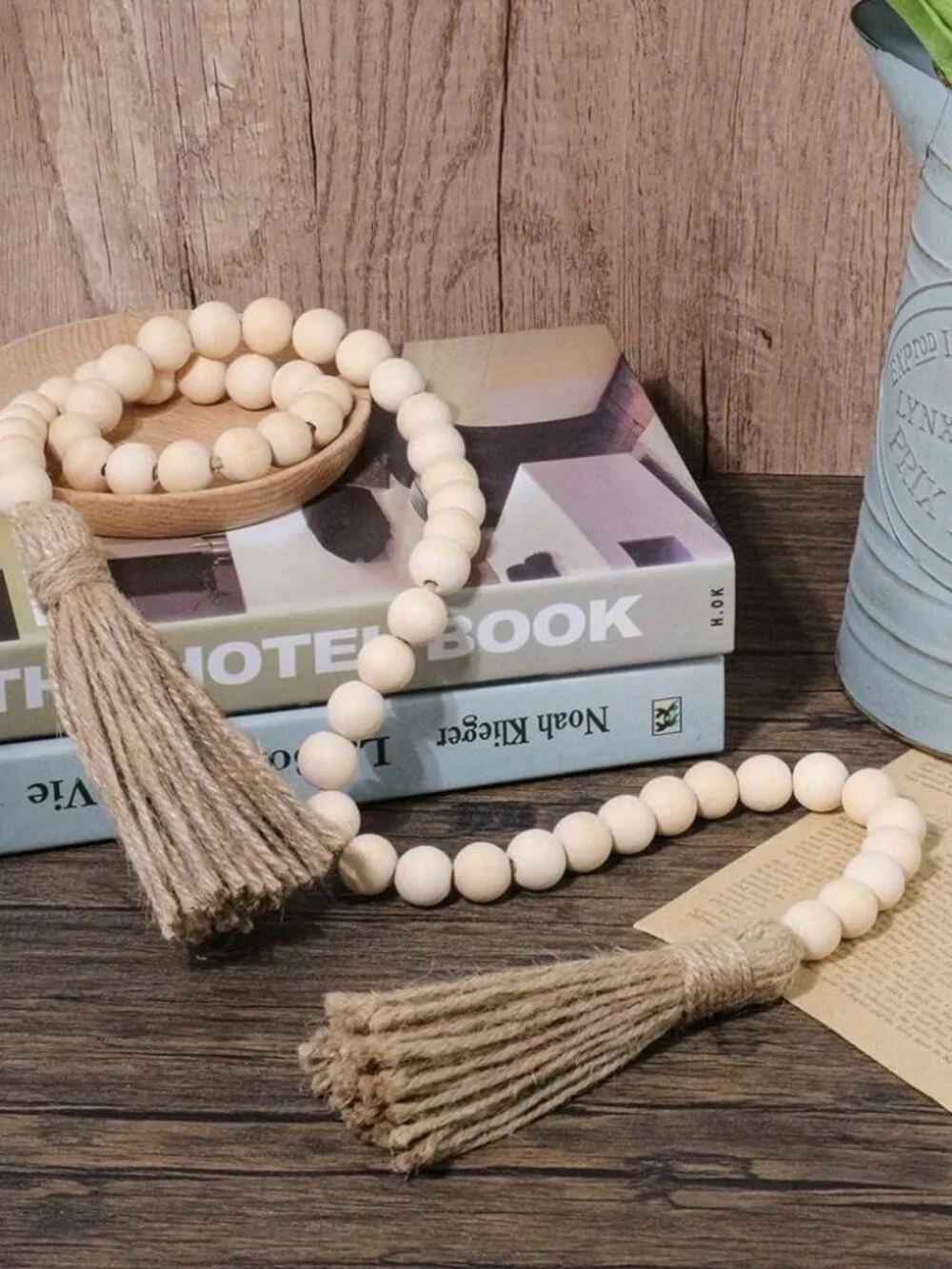 58in Farmhouse Beads Wood Bead Garland with Tassels Natural Wood, 58in/1Pcs - Picture 2 of 7